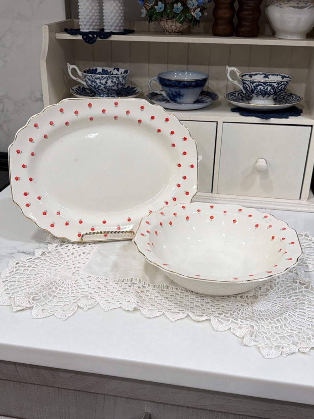 Vintage Lido White Ceramic Serving Platter & Bowl Set with Red Rose Dot Pattern